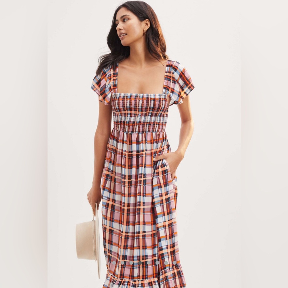 ANTHROPOLOGIE Ruffled Maxi Dress KIG Print Plaid Mauve Blue Orange Size Small